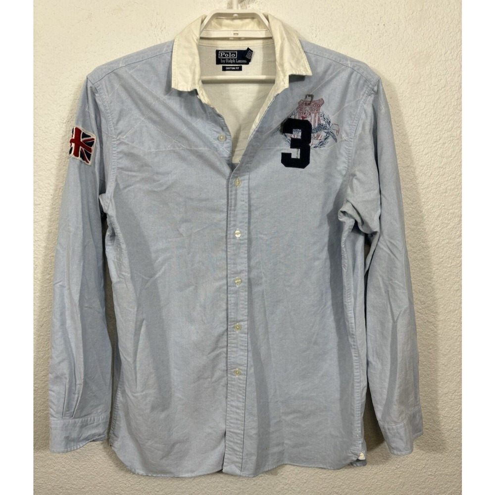Polo by Ralph Lauren Light Blue Button-Down Shirt with White Collar & Navy Patch